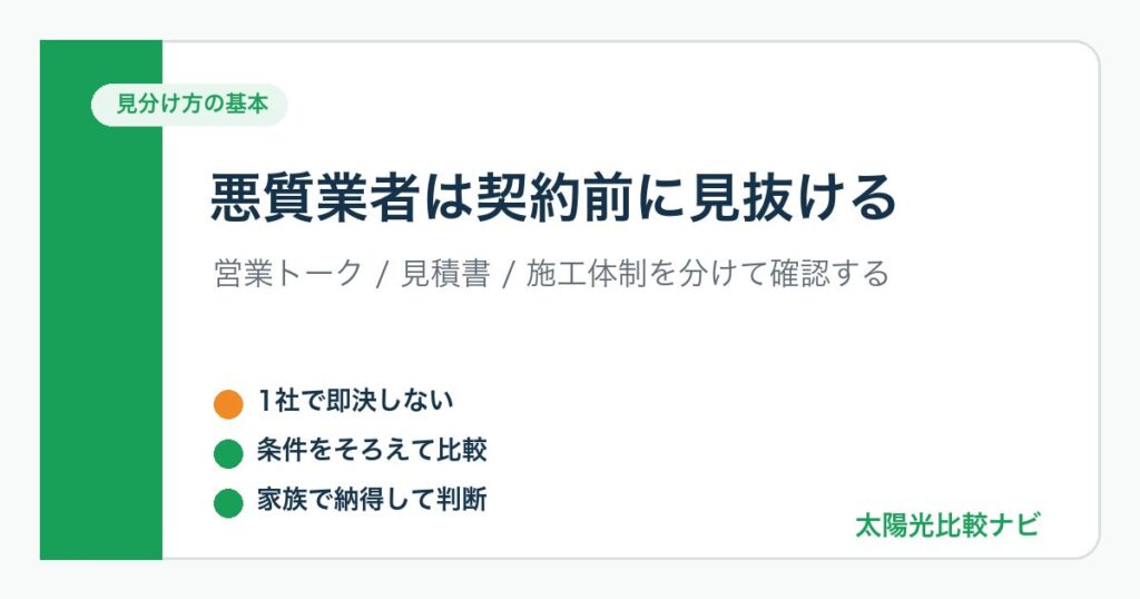 太陽光発電で悪質業者を見分ける基本ポイントをまとめた図解