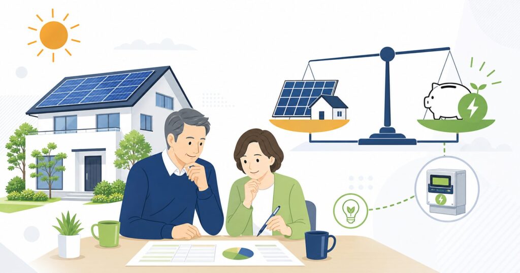 太陽光発電の初期費用と年間の電気代削減を家族で比較して回収を考えるイメージ