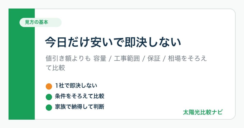 太陽光発電で今日だけ安いと言われたときに即決せず比較するポイントをまとめた図解