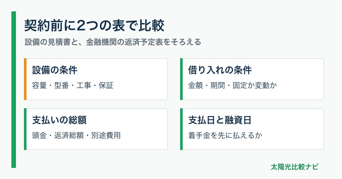 契約前に2つの表で比較。設備の条件:容量・型番・工事・保証、借り入れの条件:金額・期間・固定か変動か、支払いの総額:頭金・返済総額・別途費用、支払日と融資日:着手金を先に払えるか