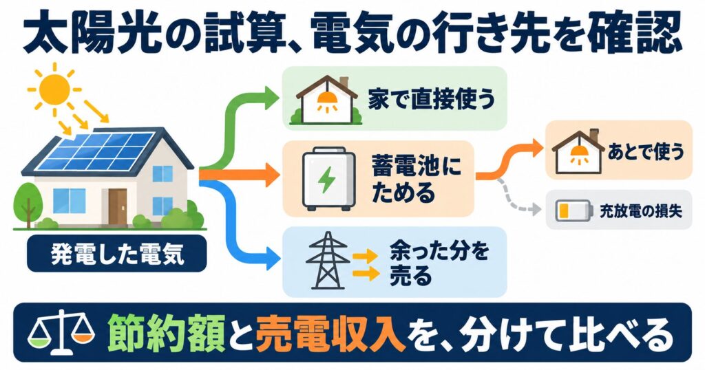 発電した電気を直接消費・充電・売電に分け、充放電の損失も確認します。