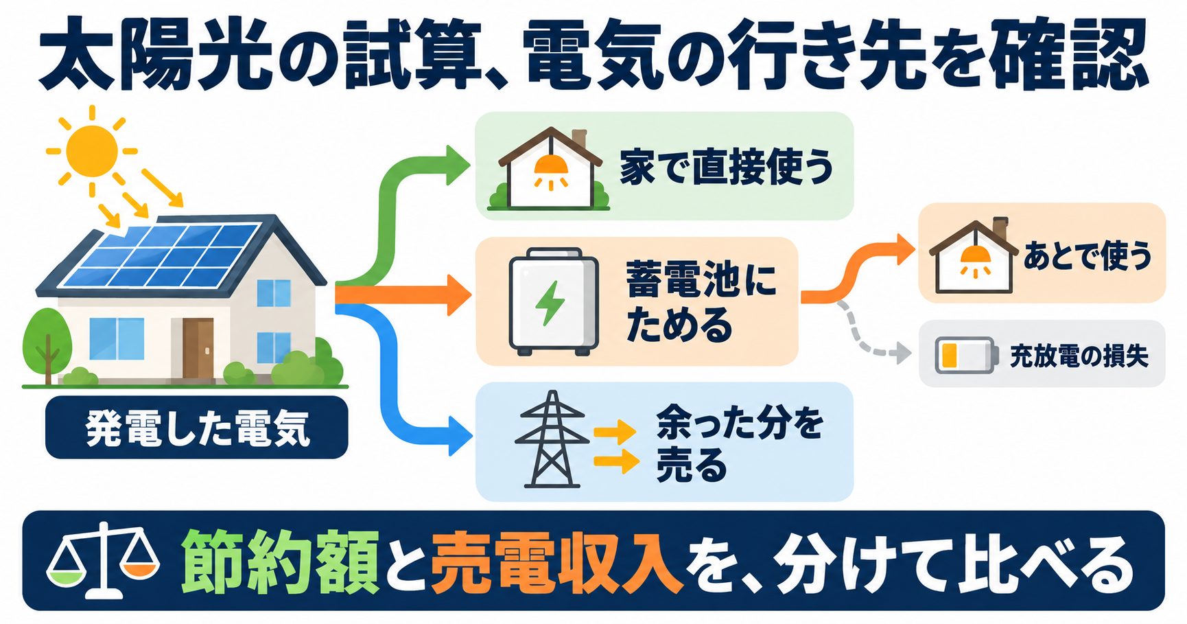 発電した電気を直接消費・充電・売電に分け、充放電の損失も確認します。